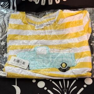 Yellow & White Striped Tee with Aqua Truck Applique